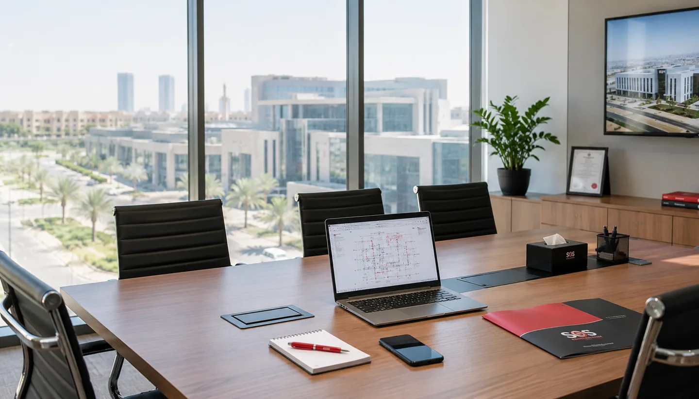 Modern office meeting room set up for a fire protection technical consultation, with a New Cairo skyline view