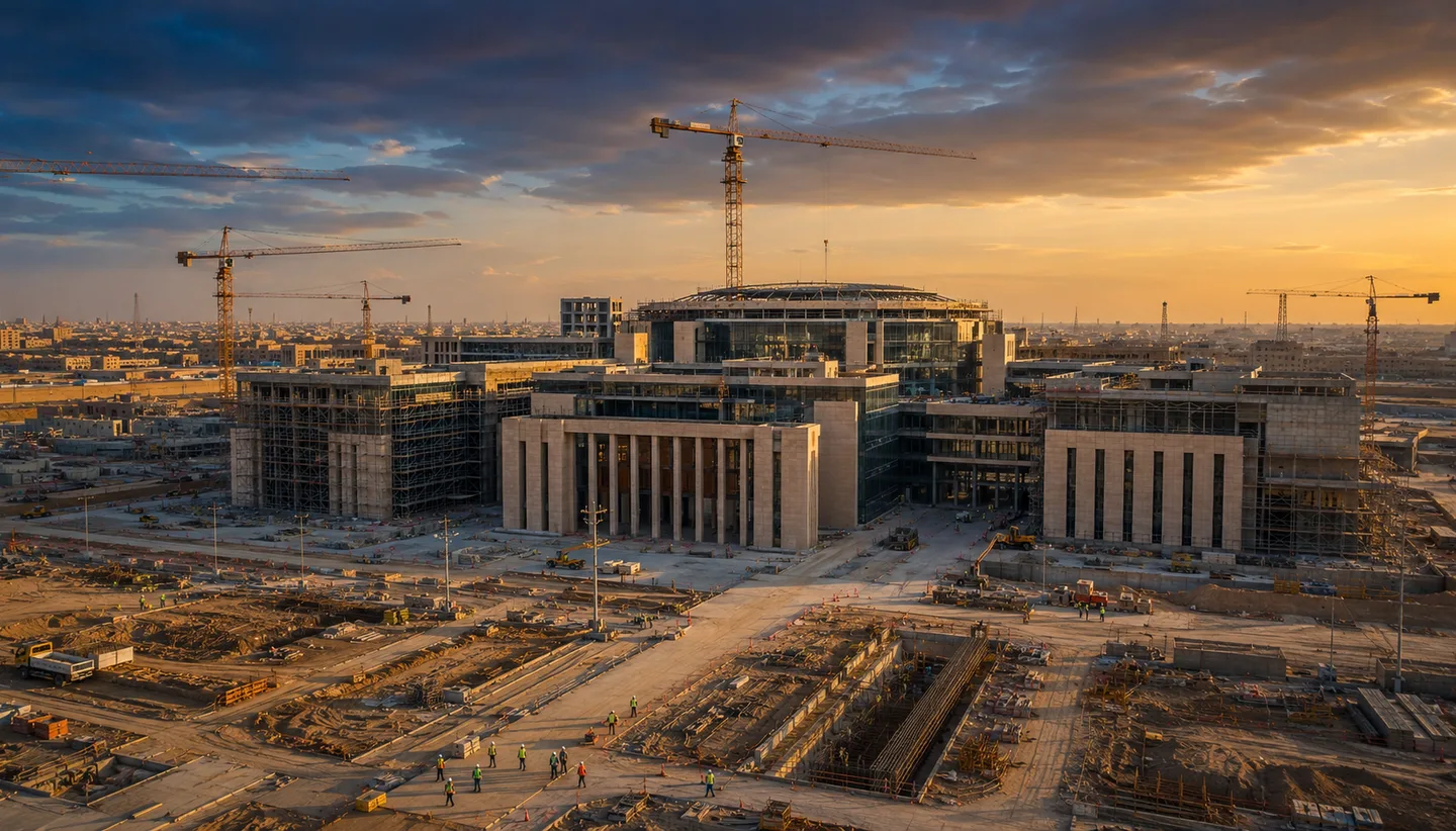 Aerial view of a large-scale government construction project in Egypt at golden hour, representing SOS Contracting's project portfolio